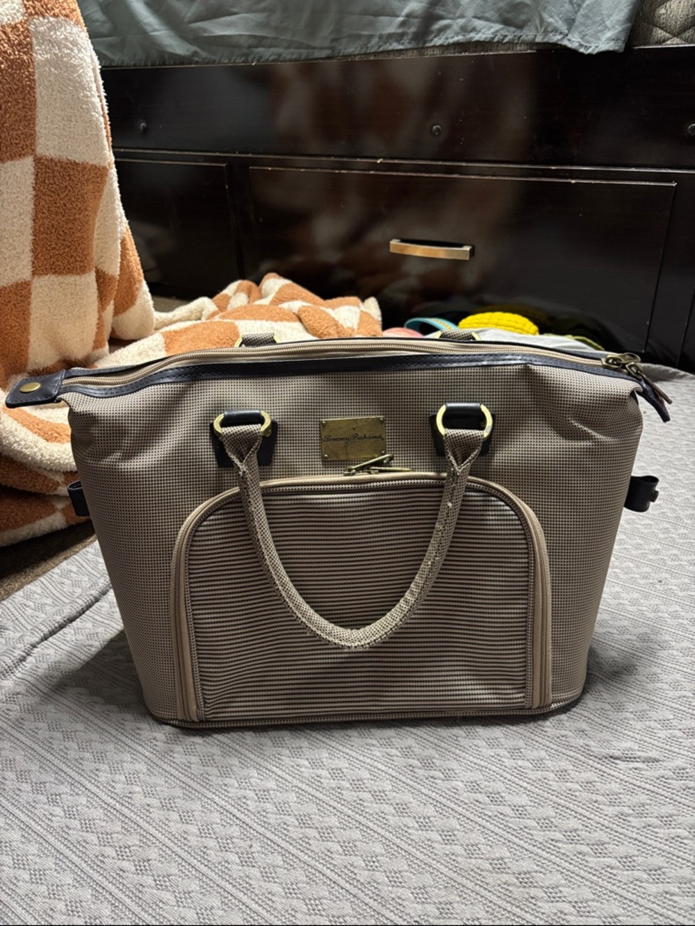 Tommy Bahama Beige and Navy Canvas Travel Duffle